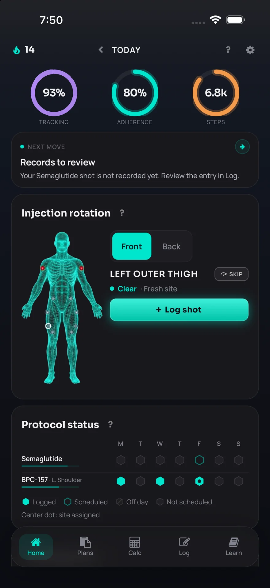 Peptocol home dashboard with protocol status and injection rotation