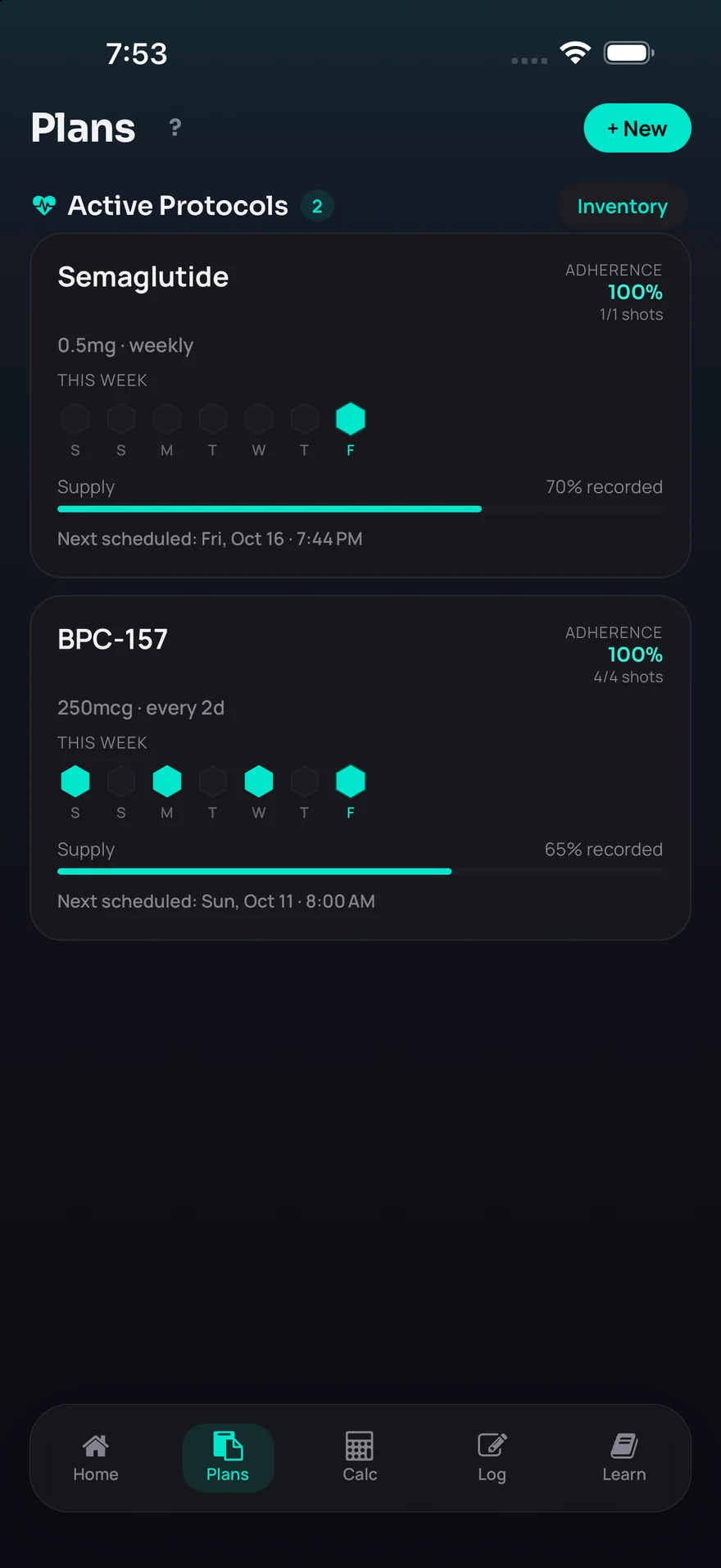 Peptocol Plans with user-entered schedules, shot history, and supply records